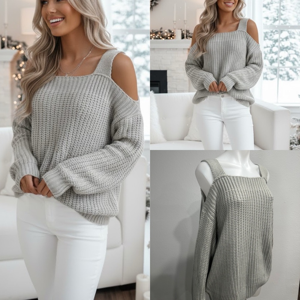 Honey Punch Off-the-Shoulder Light Gray Sweater